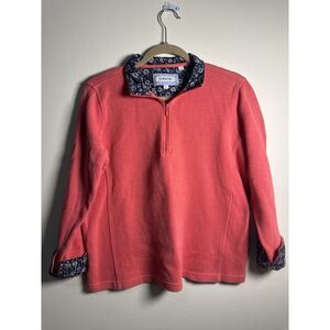 Orvis Sweater Womens Large Salmon Pink‎ Floral Trim Ribbed Pullover Athleisure